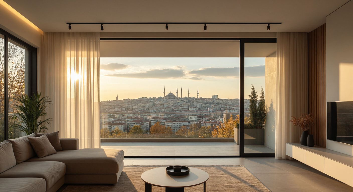 A sleek, modern sliding door panel suspended from an overhead rail in a minimalist Turkish home, gliding smoothly to reveal a sunlit balcony with a view of Istanbul's skyline.