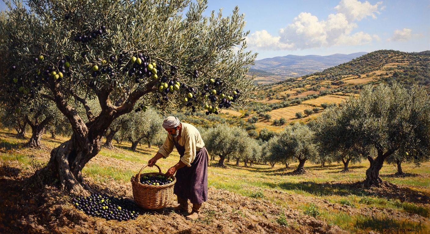 A sunlit olive grove in Balıkesir’s Edremit Bay, with gnarled olive trees heavy with plump green and black fruits, a farmer in traditional attire gently harvesting them into a woven basket, and rolling hills dotted with more groves in the background.
