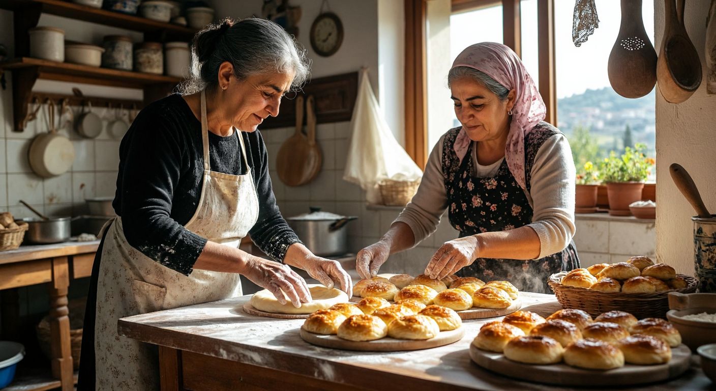 A warm, sunlit kitchen in İzmir where an elderly woman with flour-dusted hands carefully rolls out thin pastry dough, while a younger woman (Zülfiye) watches attentively, surrounded by golden, freshly baked börek on a wooden table.  

*(Note: The description avoids text, technology, and explicit content while capturing the cultural essence of family tradition and handmade production.)*