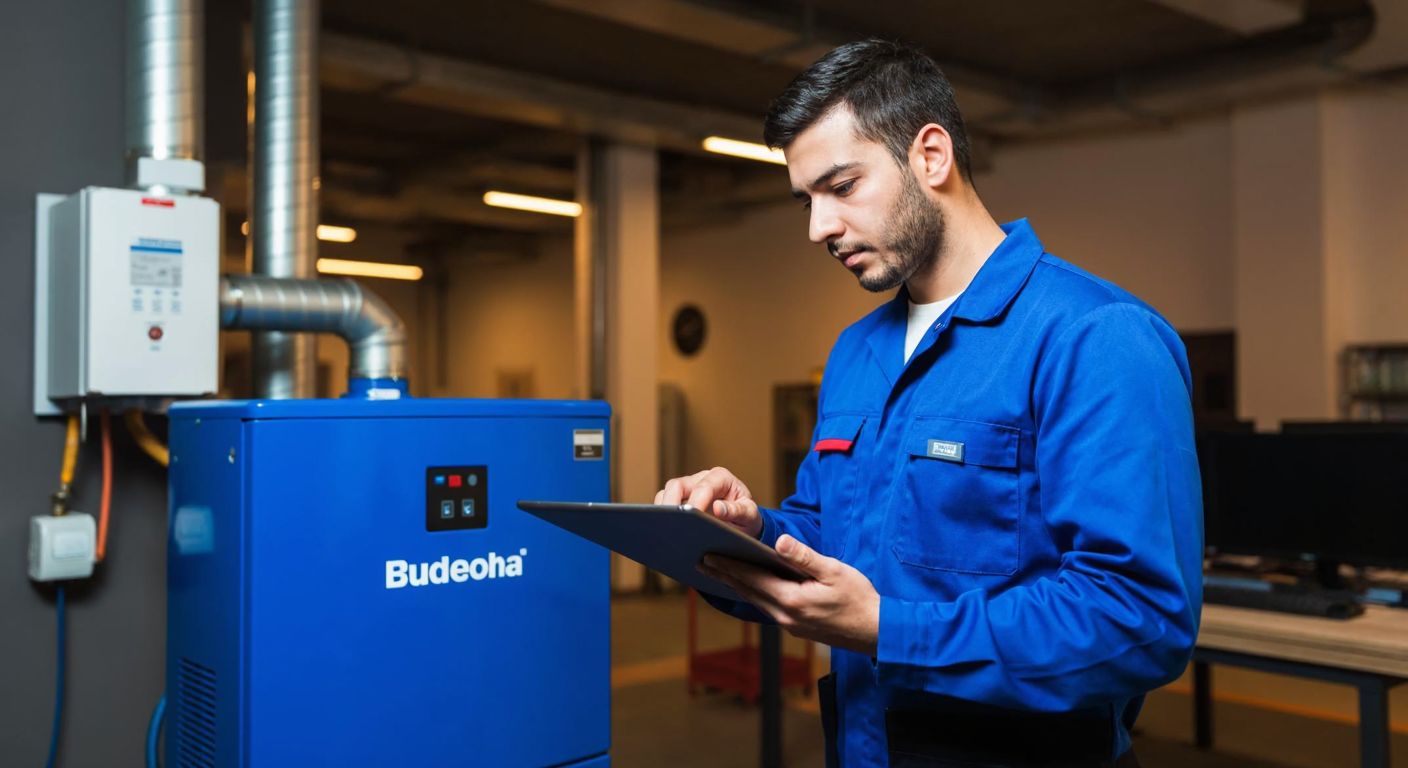 A focused Turkish technician in a blue uniform stands in a warmly lit service center, holding a tablet while pointing at a Buderus-branded heating system on a workbench.