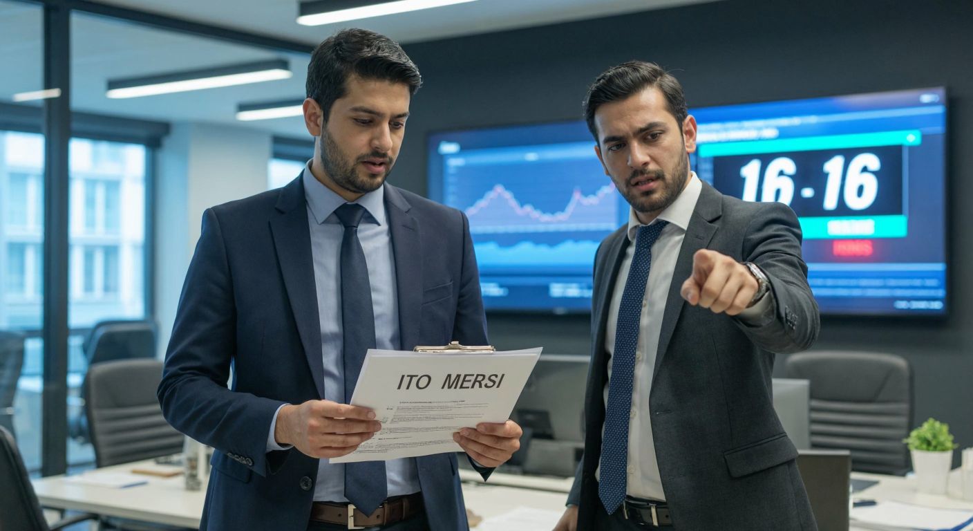 A bustling Istanbul office scene with a businessman in a suit holding a document labeled "İTO" while another person points to a glowing digital screen displaying a 16-digit "MERSİS" number, both looking focused and slightly confused.