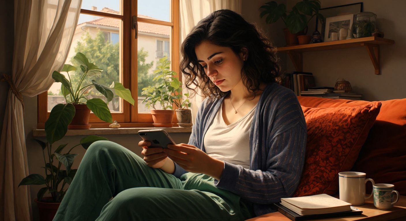 A Turkish person in a cozy home setting, wearing casual clothing, intently dialing a phone with one hand while holding a small notepad with the other, their expression focused yet relaxed.
