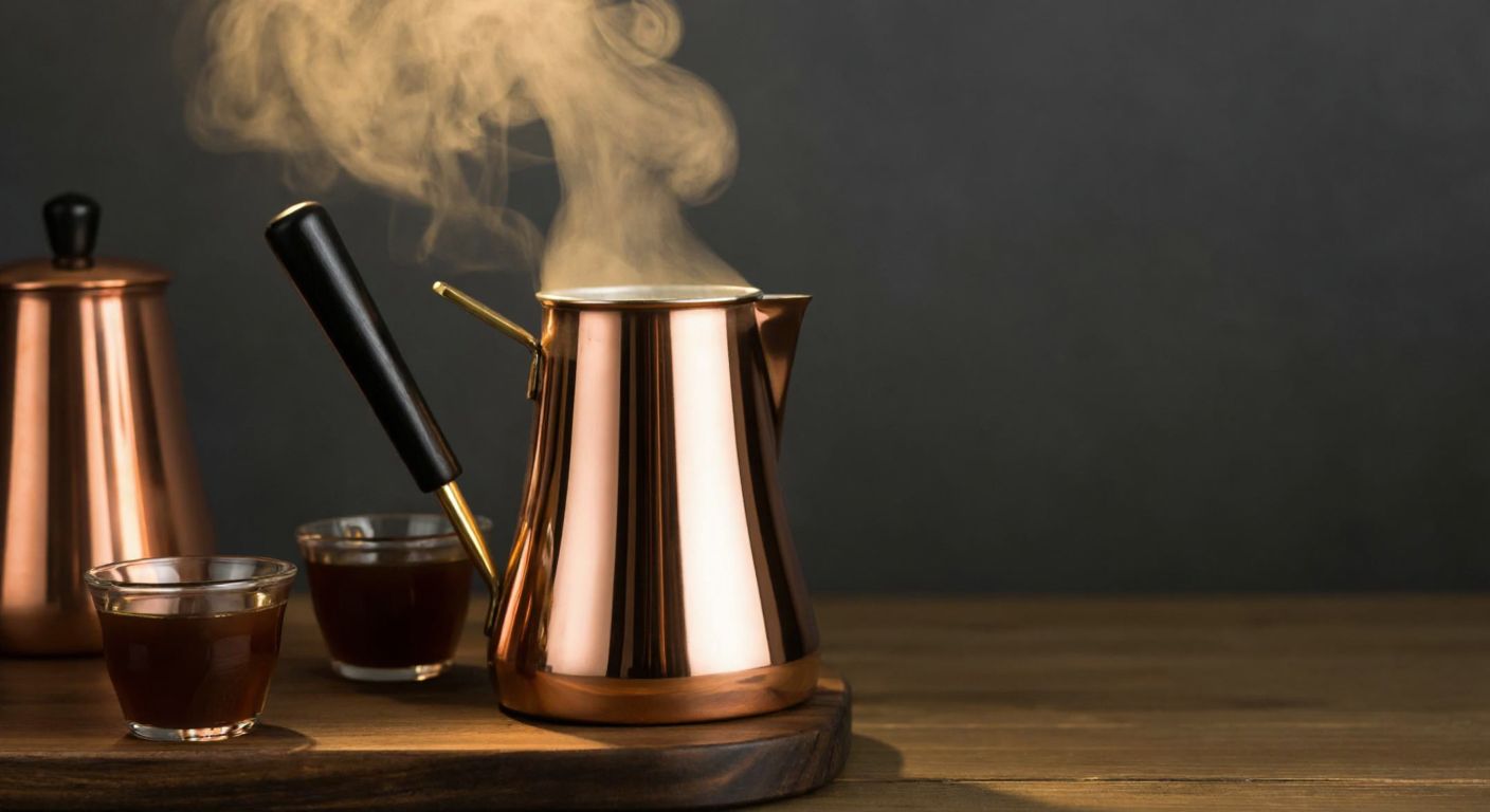 A sleek, copper-toned Turkish coffee machine sits on a wooden table, steam rising from its spout as it slowly brews dark, aromatic coffee in small traditional cups, with a warm golden light reflecting off its polished surface.
