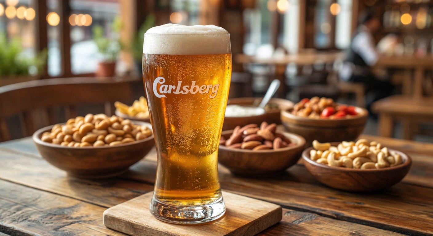 A frosty glass of golden Carlsberg beer with a smooth, creamy foam, placed on a rustic wooden table in a cozy Turkish tavern, surrounded by bowls of salty nuts and meze.