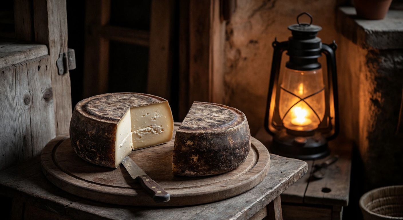 A rustic wooden table in a Turkish village home holds two identical wheels of smoked cheese, their dark rinds cracked slightly, with a knife resting beside them and a warm glow from a nearby lantern.