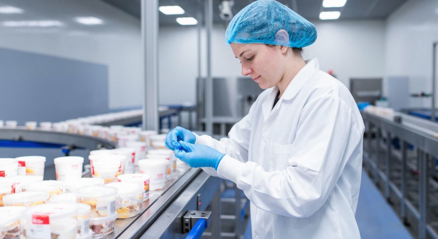 A worker in a white uniform and hairnet in a bright, sterile food production facility carefully applies a vivid blue bandage to their finger while standing near a conveyor belt of packaged goods.
