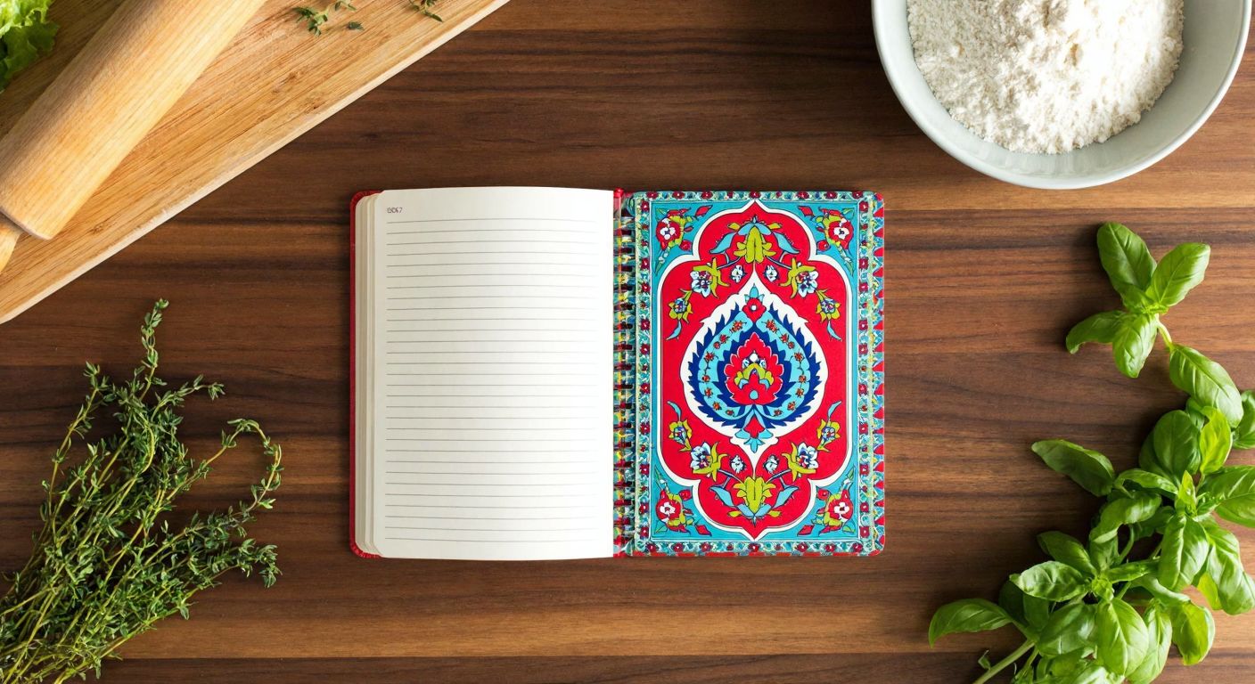 A vibrant, spiral-bound notebook with thick, cream-colored pages lies open on a wooden kitchen counter, surrounded by fresh herbs, a rolling pin, and a bowl of flour, with a colorful decorative cover featuring traditional Turkish floral patterns.