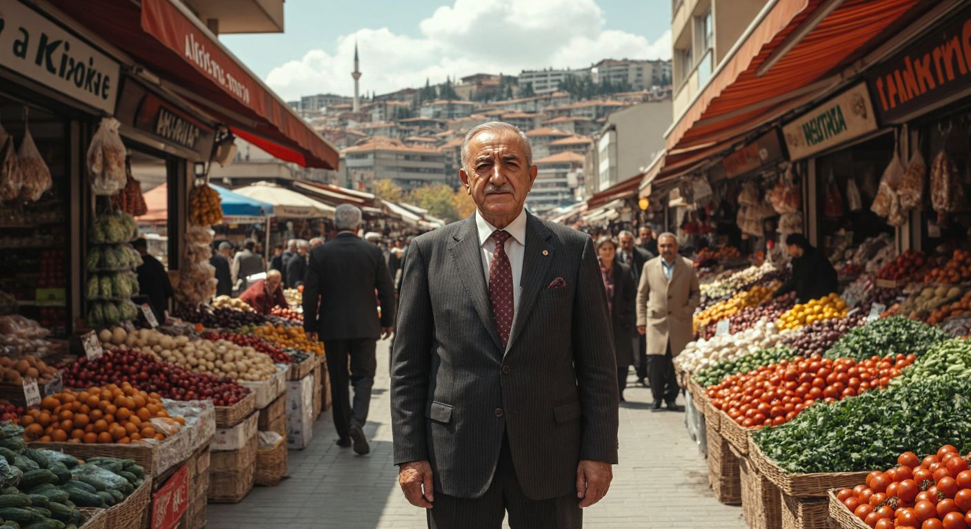 An elderly Turkish businessman in a classic suit stands proudly in front of a bustling Ankara marketplace, symbolizing Vehbi Koç's entrepreneurial beginnings.