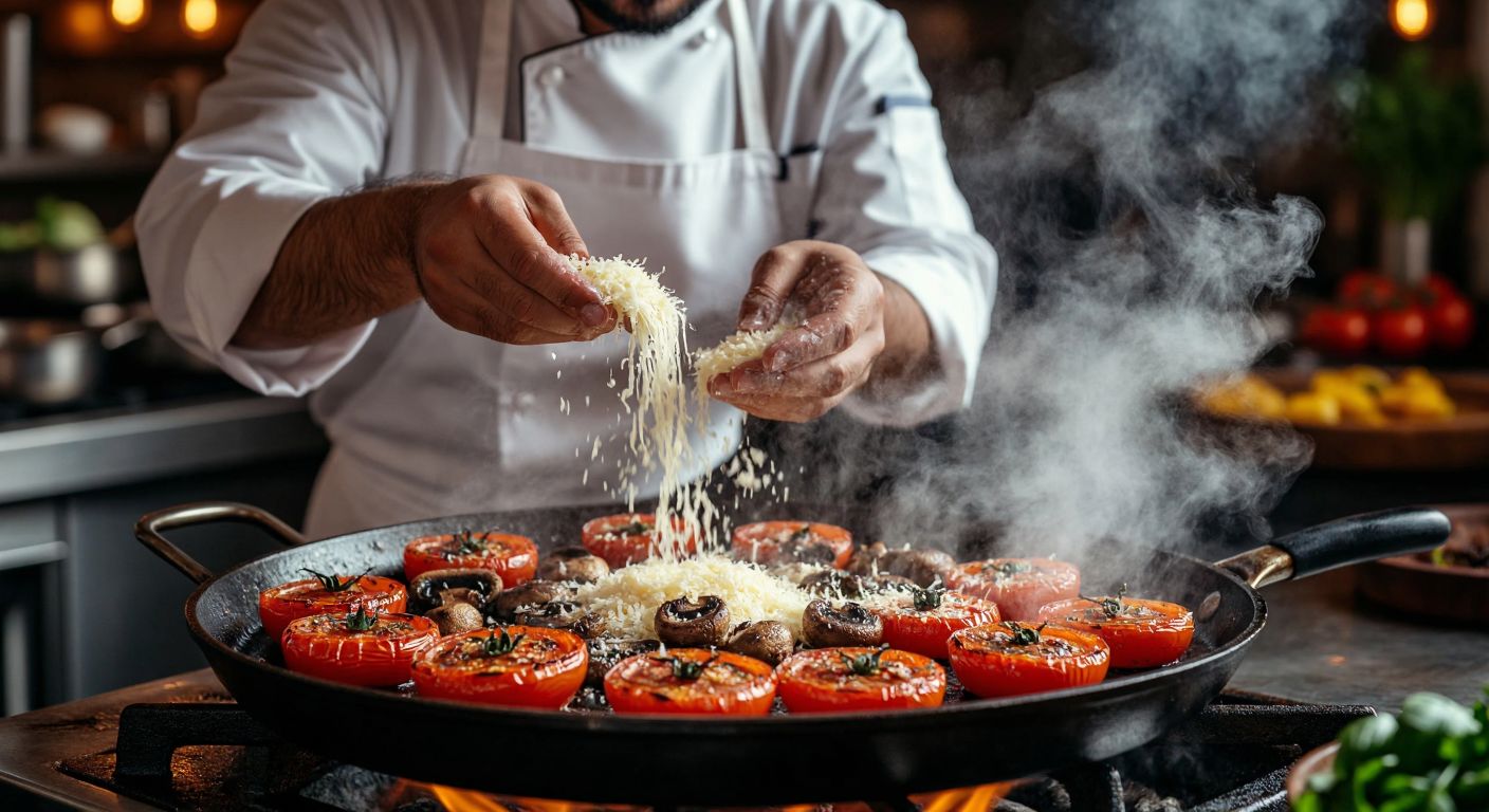 A close-up of a Turkish chef in a white apron smiling as they sprinkle grated aged cheese over a sizzling pan of grilled tomatoes and mushrooms, with steam rising to emphasize the rich umami flavor.