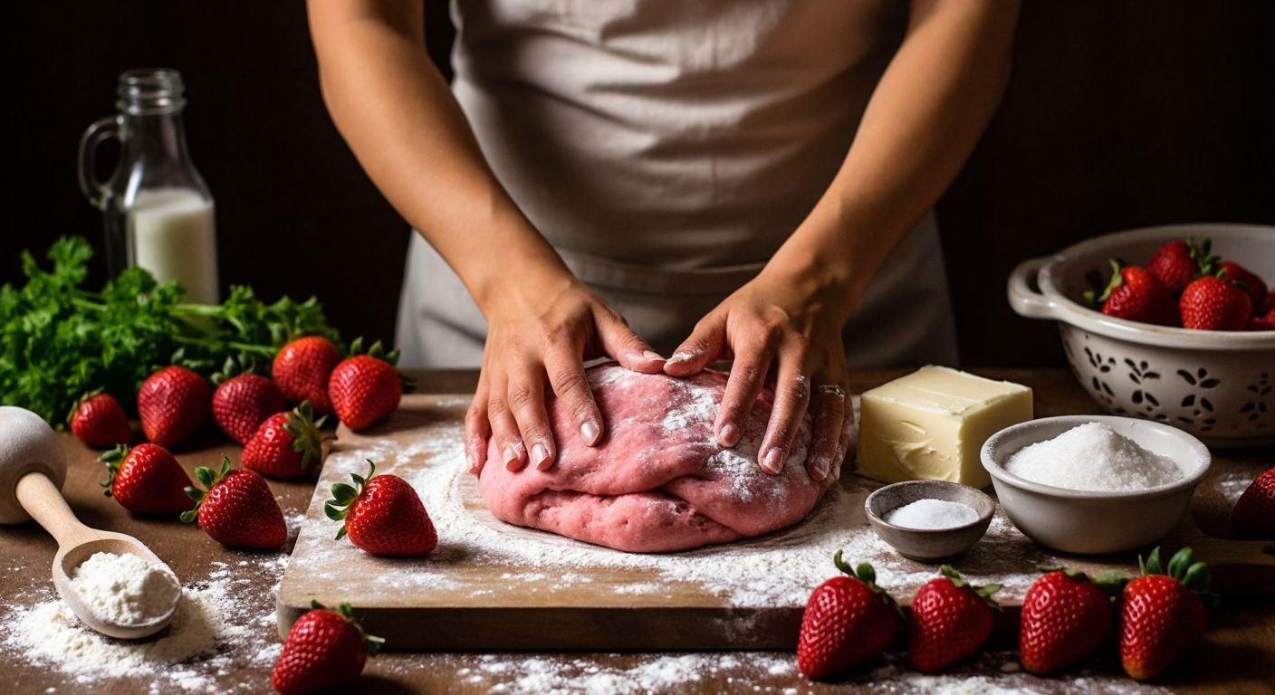 A warm Turkish kitchen with a wooden countertop scattered with fresh strawberries, flour, butter, and sugar, as hands knead pink-speckled dough for strawberry biscuits.
