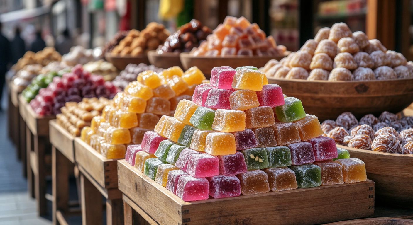 A clear, glossy gelatin pouch filled with colorful Turkish delight, resting on a wooden market stall surrounded by fresh baklava and other traditional sweets.