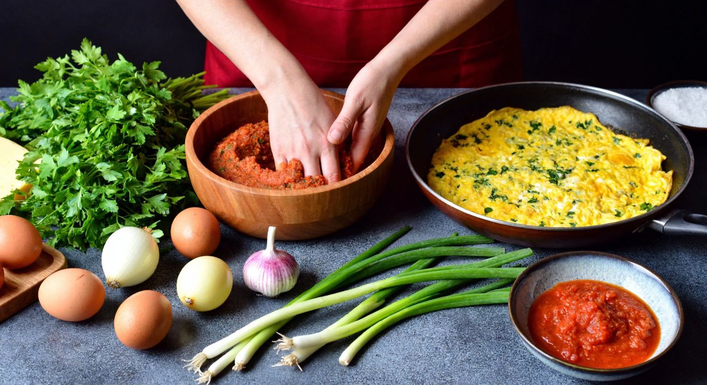 A Turkish kitchen counter scattered with fresh ingredients—bulgur, onions, garlic, parsley, green onions, tomato paste, and eggs—next to a wooden bowl where hands knead the mixture for *yumurtalı çiğ köfte*, with a sizzling pan of golden scrambled eggs nearby.