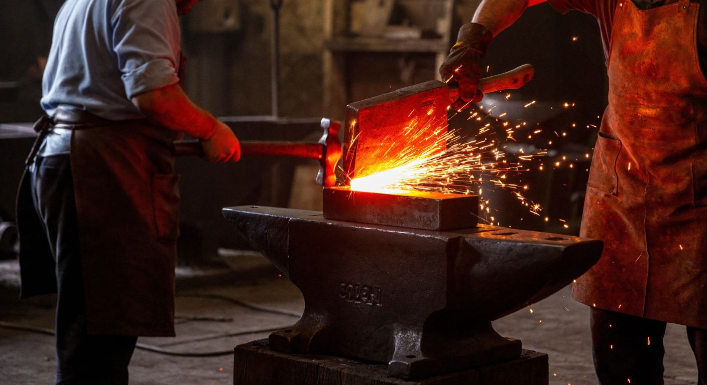 A glowing red-hot iron ingot being hammered on an anvil in a dimly lit Turkish foundry, with sparks flying and a worker in a leather apron observing intently.