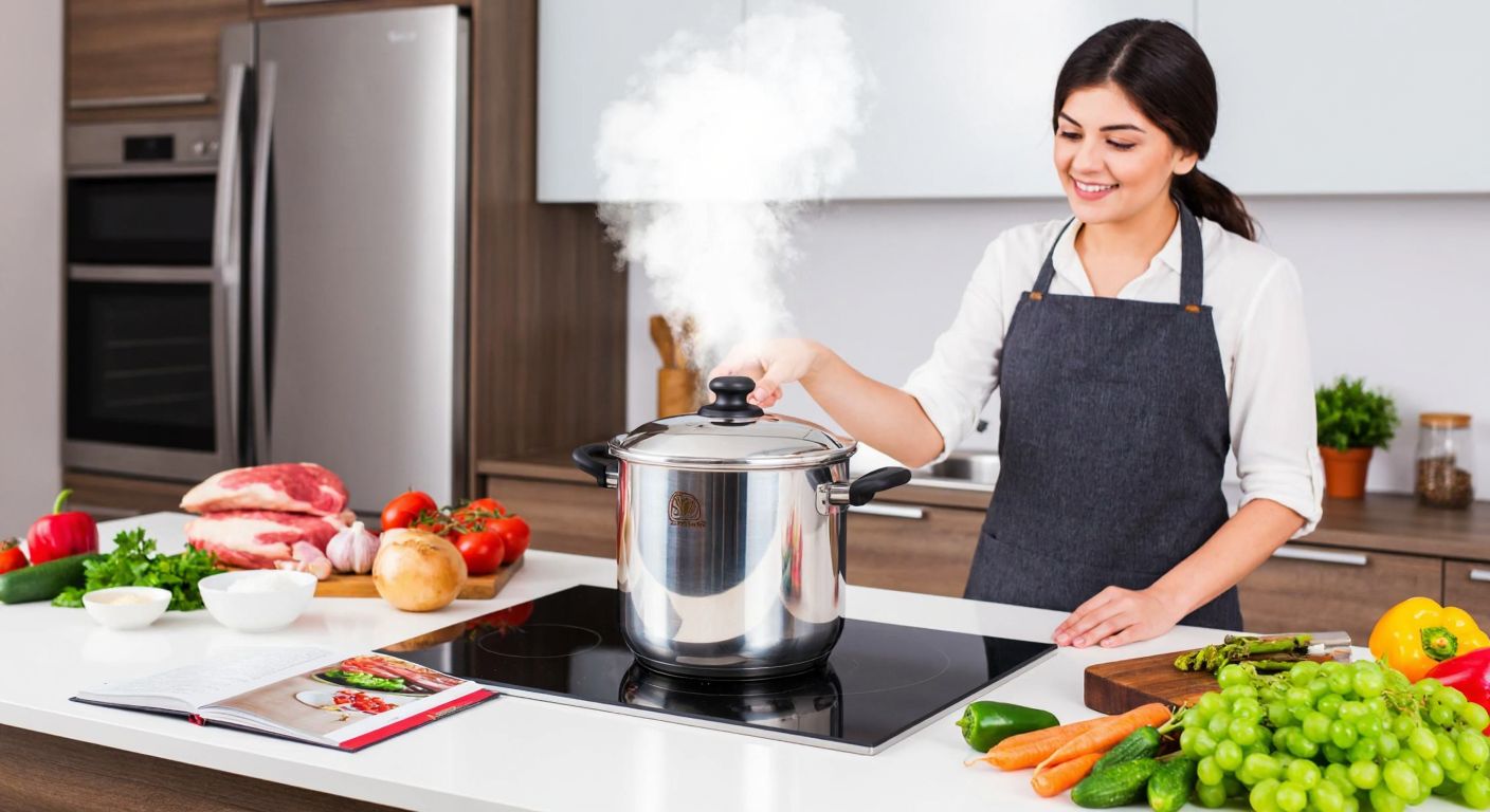 A stainless steel pressure cooker steaming on a modern Turkish kitchen counter, surrounded by fresh vegetables and a cookbook, with a smiling woman in an apron checking the pot.