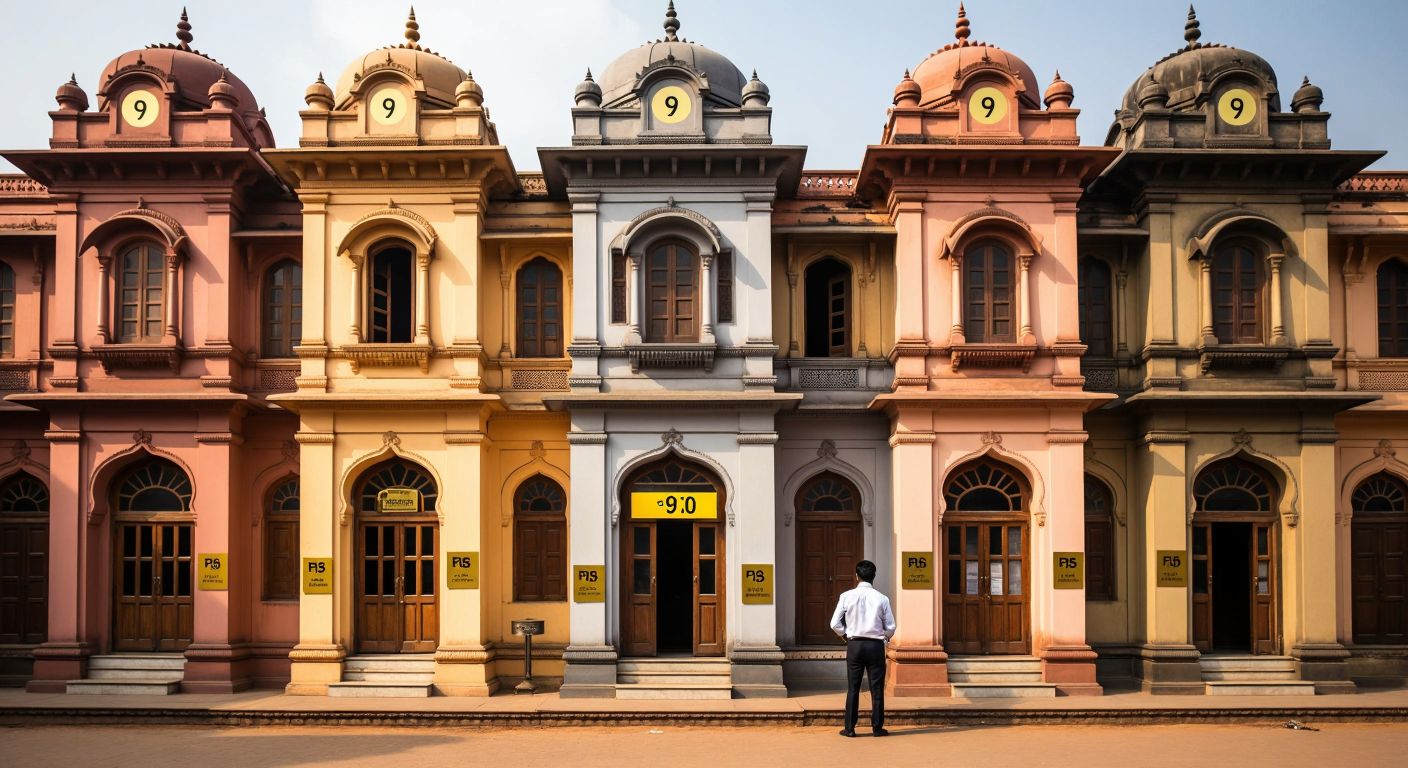 A row of traditional Indian bank buildings with varying architectural styles, each displaying a small golden plaque with a percentage sign, while a government official in formal attire adjusts a large ledger labeled "PPF Rates" in the foreground.