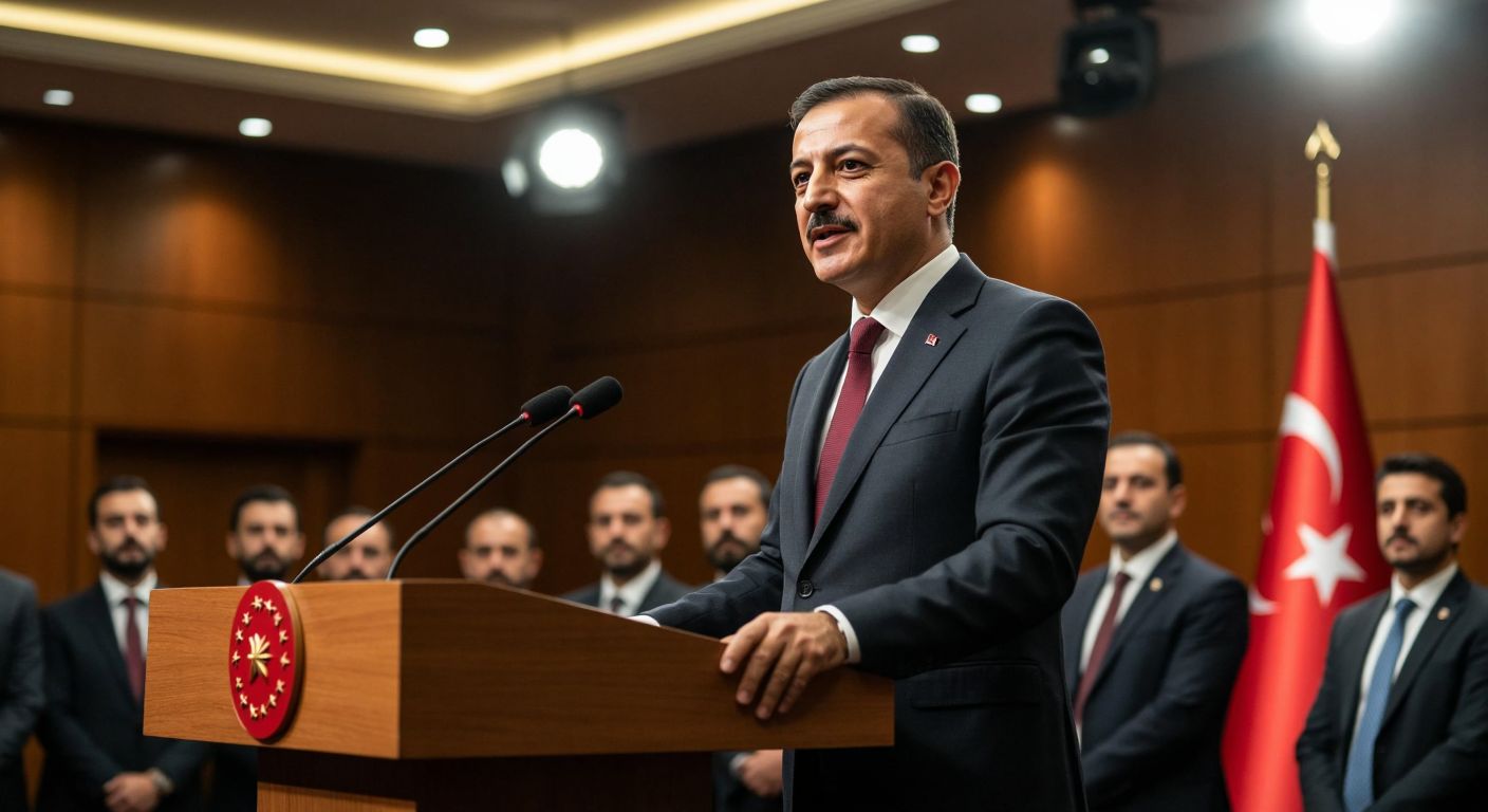 A confident Turkish man in a formal suit stands at a government podium, calmly addressing a room of attentive journalists under the bright lights of a press conference, with the Turkish flag subtly visible in the background.