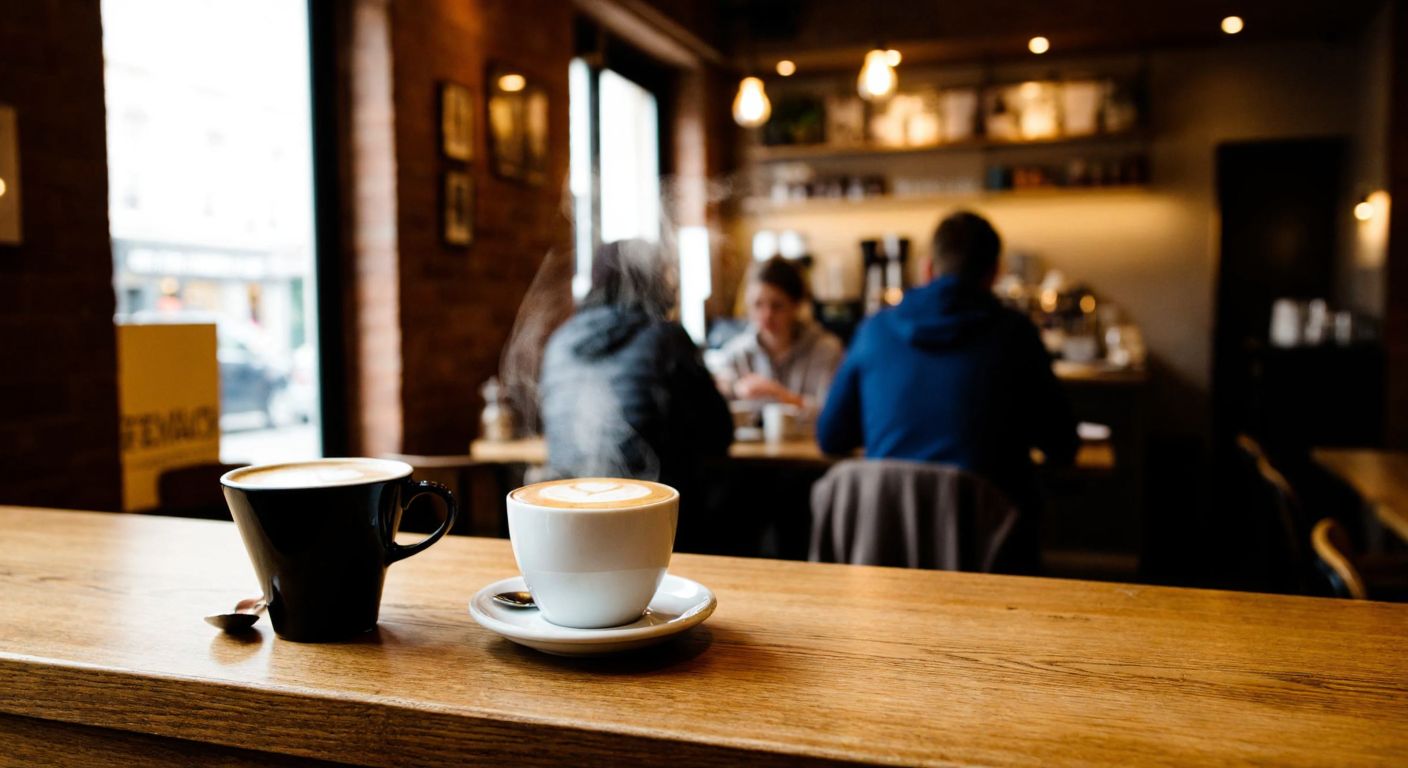 A cozy British café with a wooden counter displaying a steaming cup of filter coffee alongside a creamy latte and flat white, surrounded by warm lighting and patrons in casual attire.