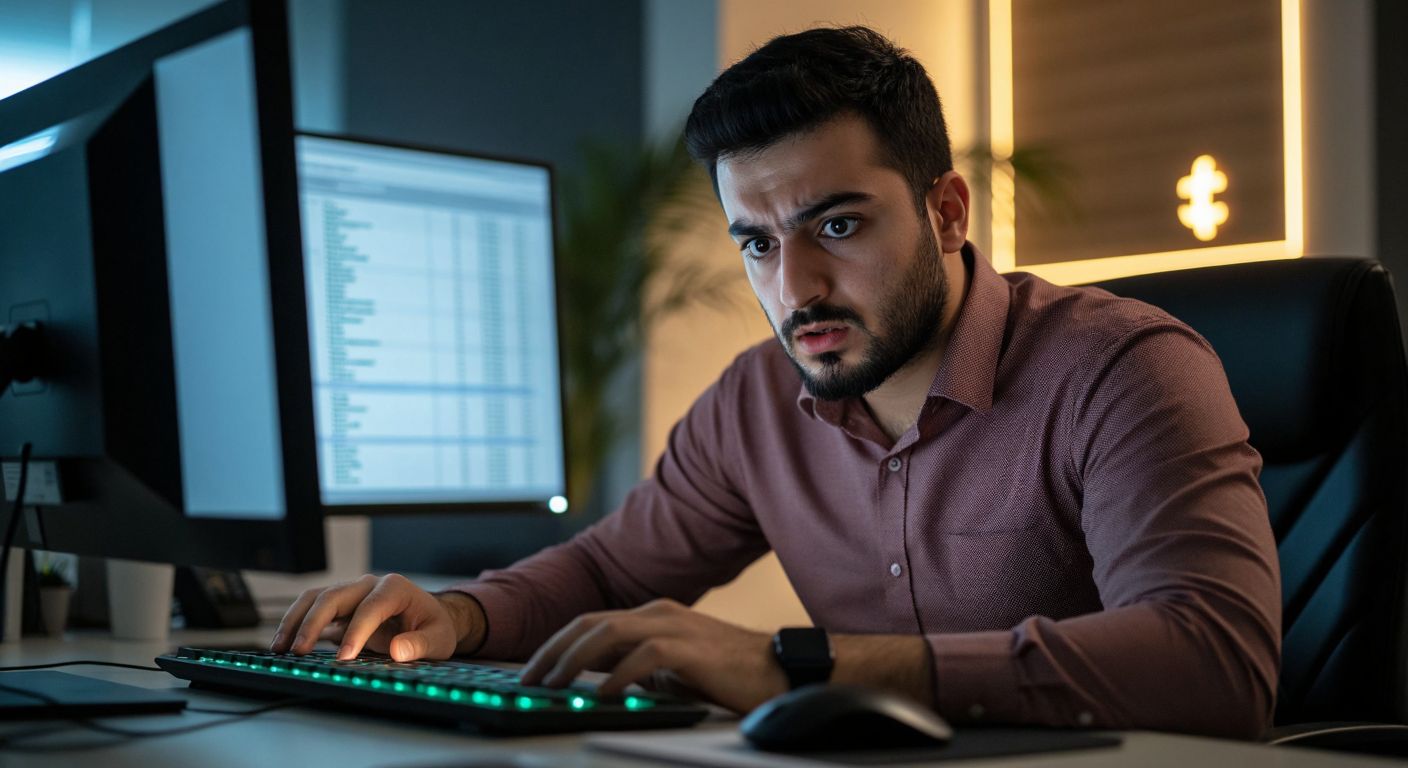 A focused Turkish office worker with a slightly puzzled expression sits at a computer, their fingers hovering over a keyboard while a glowing Excel spreadsheet displays a highlighted cell with a Turkish Lira (₺) symbol.