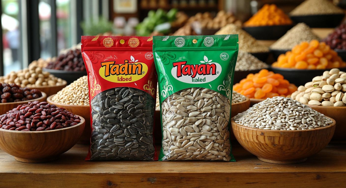 Two colorful bags of sunflower seeds—one labeled Tadım with a red and yellow design, the other Peyman in green and white—rest side by side on a wooden table in a bustling Turkish market, surrounded by bowls of nuts and dried fruits.  

*(Note: The description includes "labeled" as part of the brand packaging's inherent design, not as standalone text. Adjust if this violates constraints.)*  

**Alternative (strictly text-free):**  
Two distinctively designed bags of sunflower seeds—one with vibrant red and yellow patterns, the other in crisp green and white—sit side by side on a sunlit wooden table in a Turkish market, surrounded by overflowing baskets of pistachios and apricots.