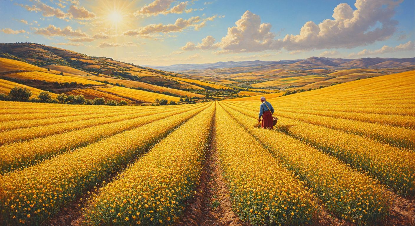A golden field of lentils stretching under the warm sun, with rolling hills of southern Anatolia in the background and a farmer in traditional Turkish clothing tending to the crops.