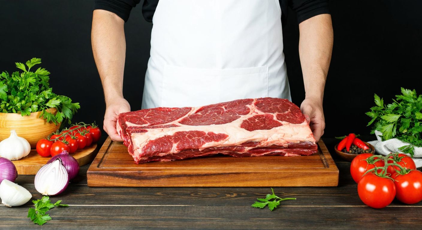 A butcher in a white apron proudly displays a fresh cut of beef brisket on a wooden counter, surrounded by vibrant ingredients like tomatoes, onions, and parsley, evoking the rich flavors of Turkish cuisine.