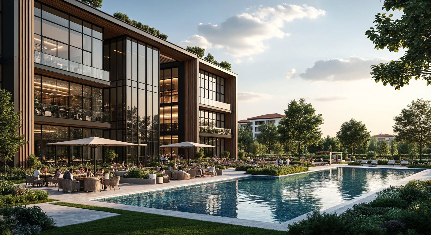 A modern Turkish plaza with sleek glass facades and a bustling café terrace, adjacent to a gated residential site featuring a manicured garden, a sparkling pool, and families enjoying the amenities under the warm sun.