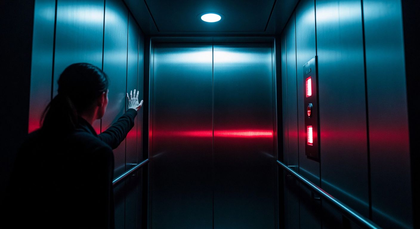 A dimly lit elevator with a tense person gripping the railing, eyes wide with fear, while another calmly presses the emergency button, bathed in the glow of a small red light.