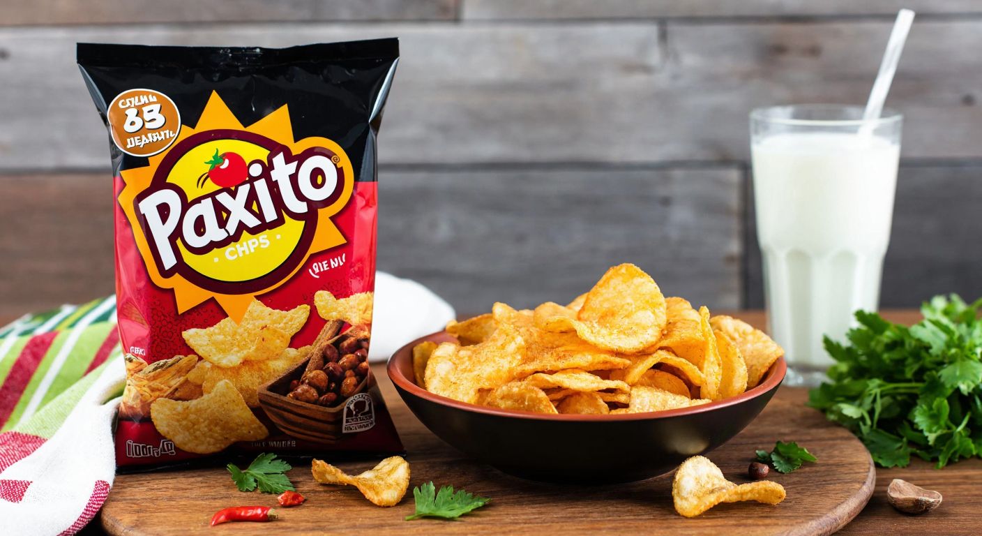 A colorful bag of Paxito chips with a bold logo sits on a wooden table next to a bowl of crispy chips, surrounded by fresh herbs and a glass of ayran, evoking a casual Turkish snack moment.