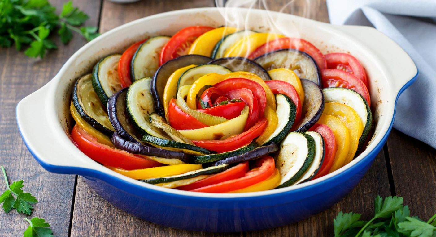 A colorful ceramic dish filled with layers of sliced zucchini, eggplant, tomatoes, and bell peppers, arranged in a spiral pattern, steaming slightly, placed on a rustic wooden table with fresh herbs scattered nearby.
