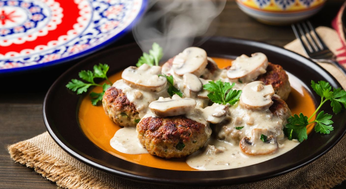 A steaming plate of golden-brown köfte drizzled with creamy mushroom sauce, garnished with fresh parsley, set on a rustic wooden table with a traditional Turkish ceramic plate in the background.