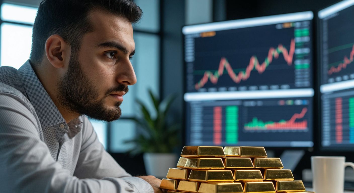 A focused Turkish trader in a modern office gazes intently at financial charts, with a small stack of lira beside a towering pile of gold bars, symbolizing leverage in trading.
