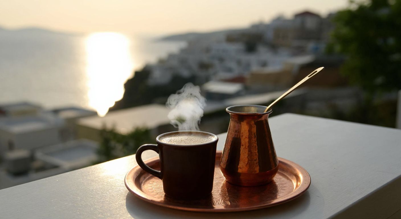 A traditional Greek coffee cup with foam resting on a copper tray beside a small briki pot, steam rising gently against a backdrop of a sunlit Aegean village.