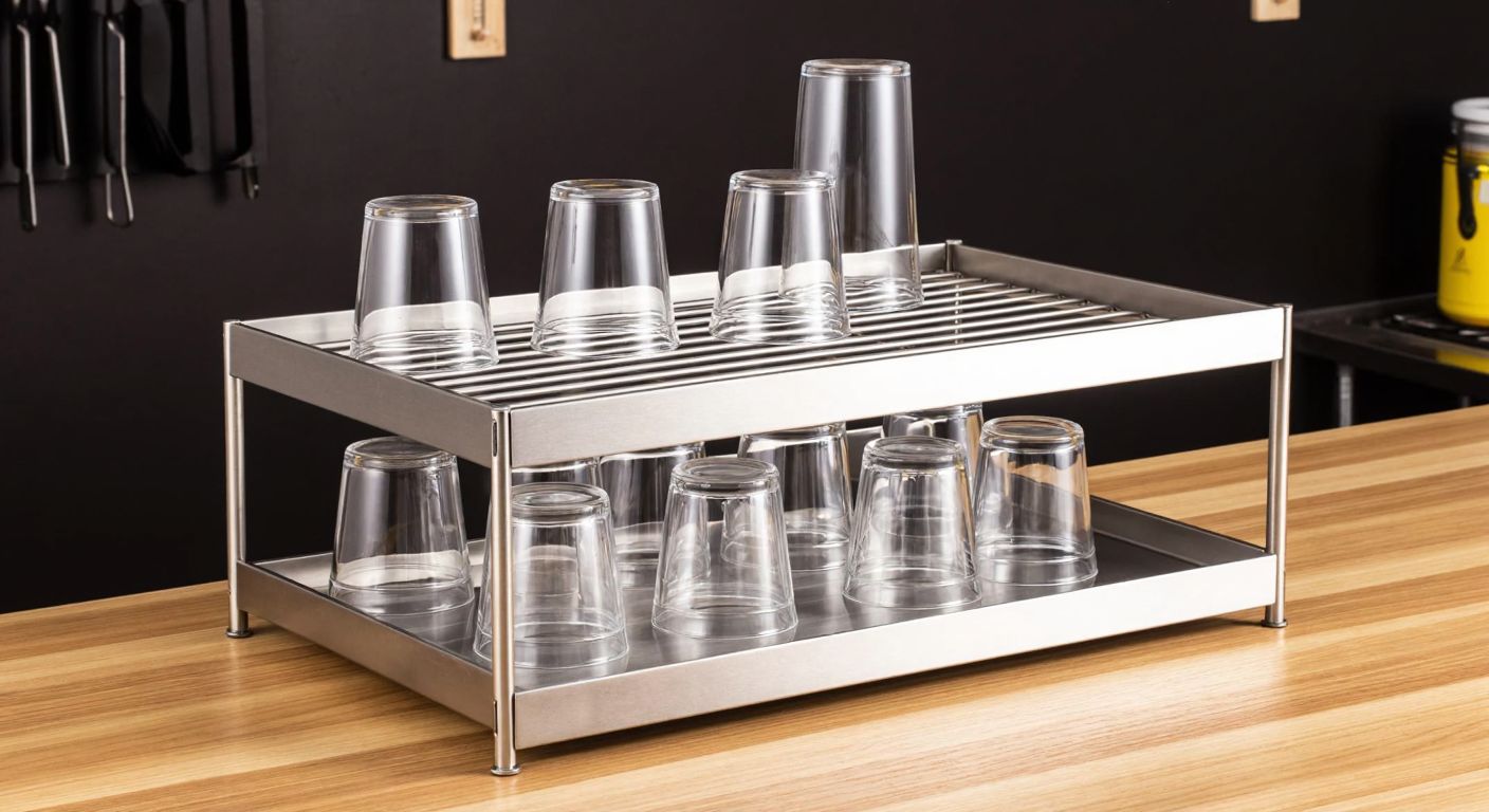 A stainless steel cup rack with neatly arranged compartments, some holding clear glass cups of varying sizes, placed on a wooden counter in a Turkish café kitchen.