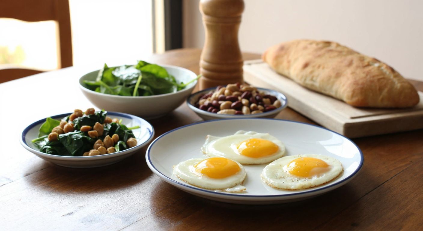 A rustic wooden table in a Turkish kitchen is set with a plate of sunny-side-up eggs, a bowl of fresh spinach salad, a small dish of mixed nuts, and a warm loaf of whole wheat bread, all bathed in soft morning light.