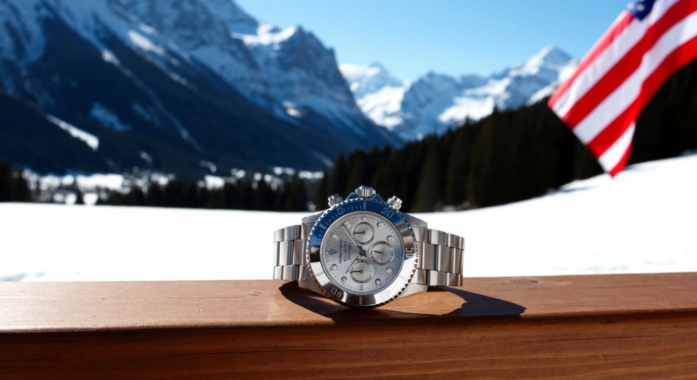 A sleek silver Invicta watch resting on a wooden table with a snowy Swiss mountain landscape in the background and a faint American flag draped over a chair nearby.