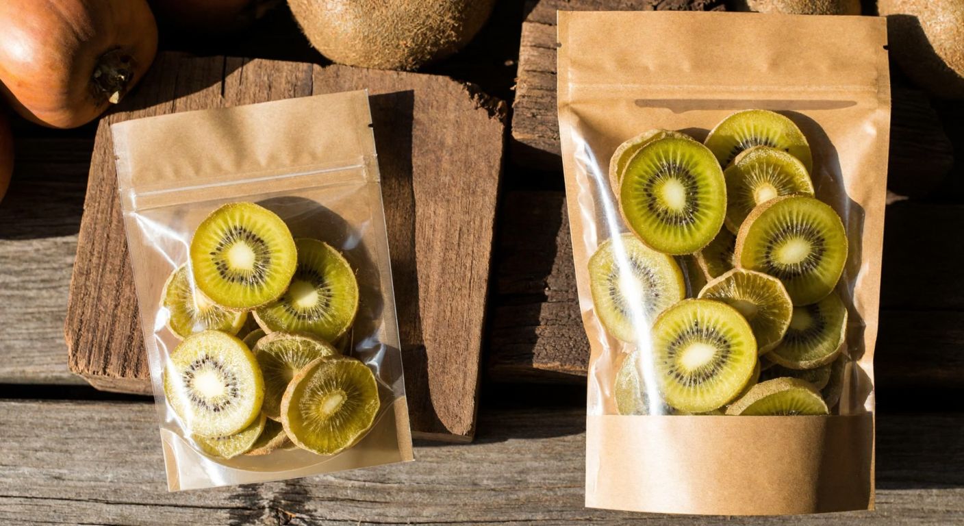 A rustic wooden table holds a small kraft paper bag and a resealable plastic pouch, both filled with dried kiwi slices, under warm sunlight in a Turkish market.