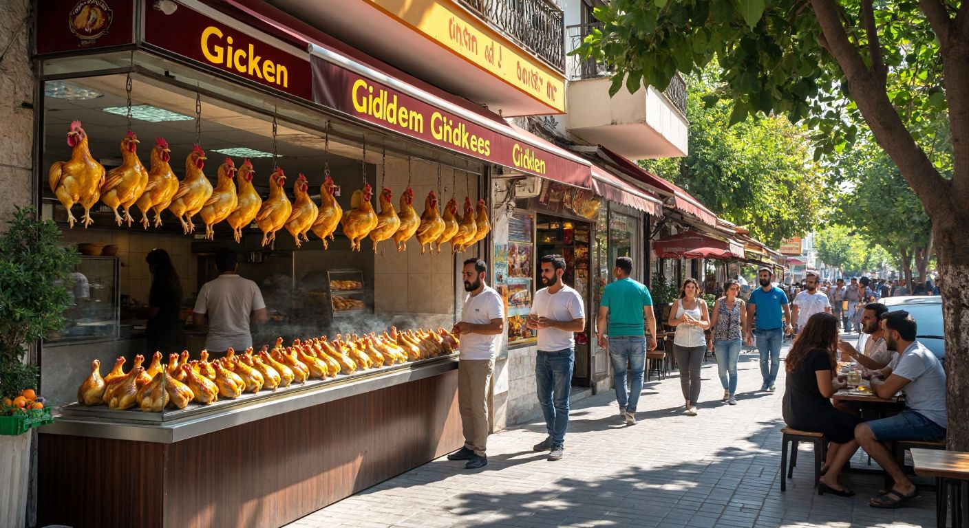 A bustling street in Manavgat with a vibrant chicken restaurant displaying golden roasted chickens in the window, surrounded by locals chatting and the warm glow of Antalya's sunlight.