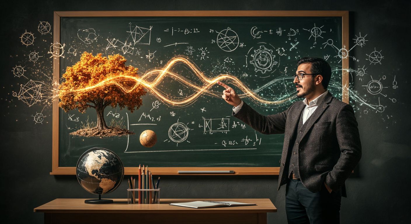 A glowing mathematical curve rises dynamically over a chalkboard, surrounded by floating symbols of physics (falling ball), biology (growing tree), and engineering (gears), with a Turkish professor pointing enthusiastically at the board.