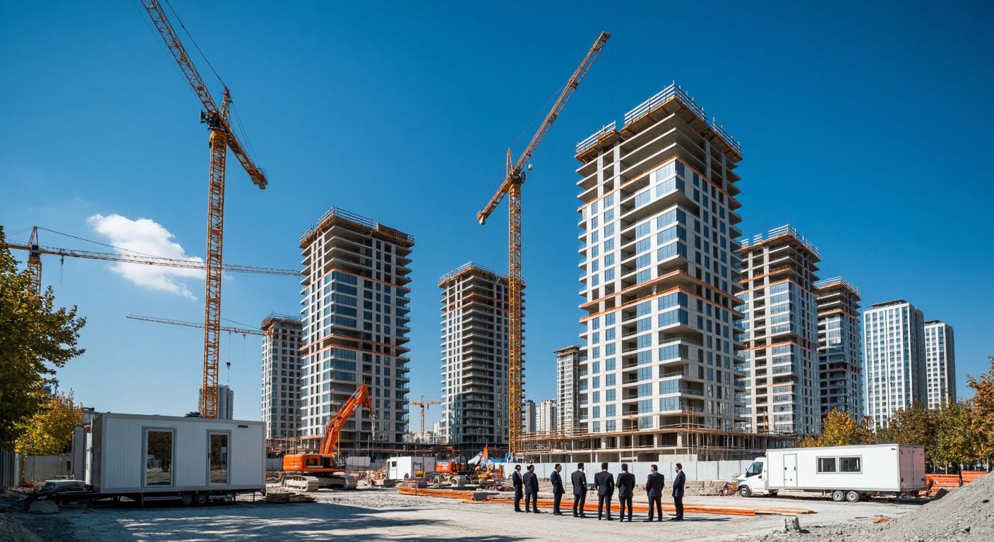 A modern construction site in Istanbul with cranes and half-built high-rise buildings under a clear blue sky, while a group of Turkish businessmen in suits discuss plans near a signless office trailer.