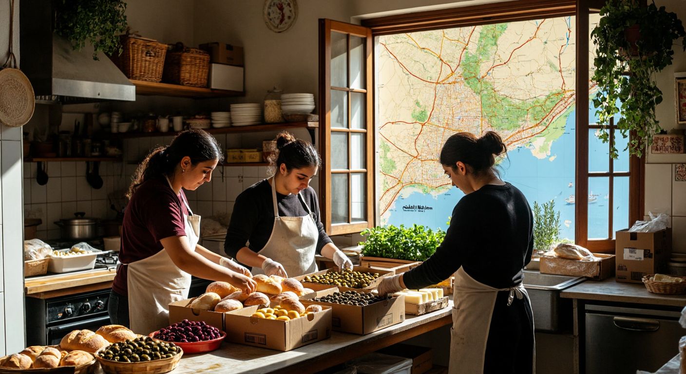 A warm Turkish kitchen bustling with volunteers packing boxes of fresh bread, olives, and cheese for delivery to families in Istanbul, while in the background, a map shows aid routes to distant regions like Gaza and Syria.