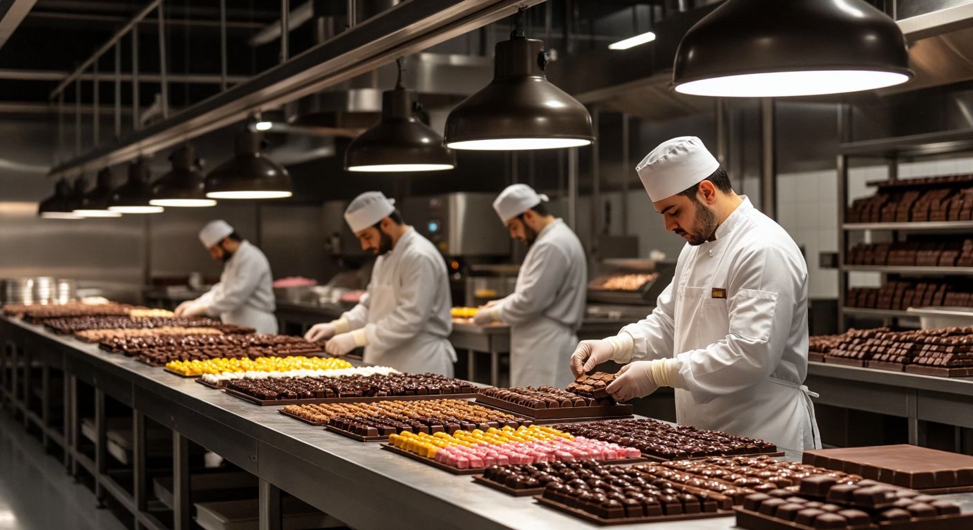 A sleek, modern Turkish chocolate factory with workers in white uniforms carefully crafting both artisanal chocolates and colorful candies on separate production lines, under the warm glow of industrial lighting.