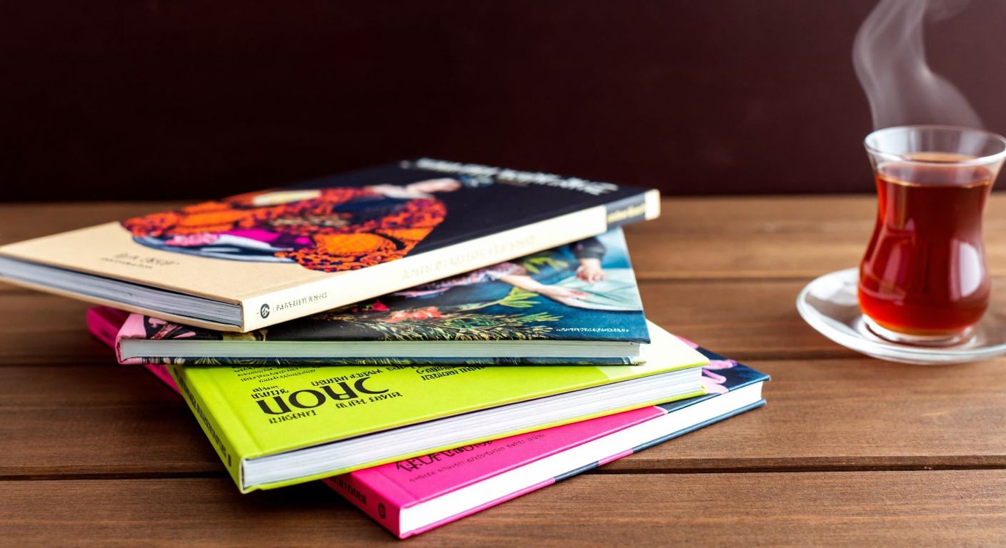 A stack of colorful, artistic magazines with elegant Turkish patterns on their covers, placed on a wooden table beside a steaming cup of Turkish tea.
