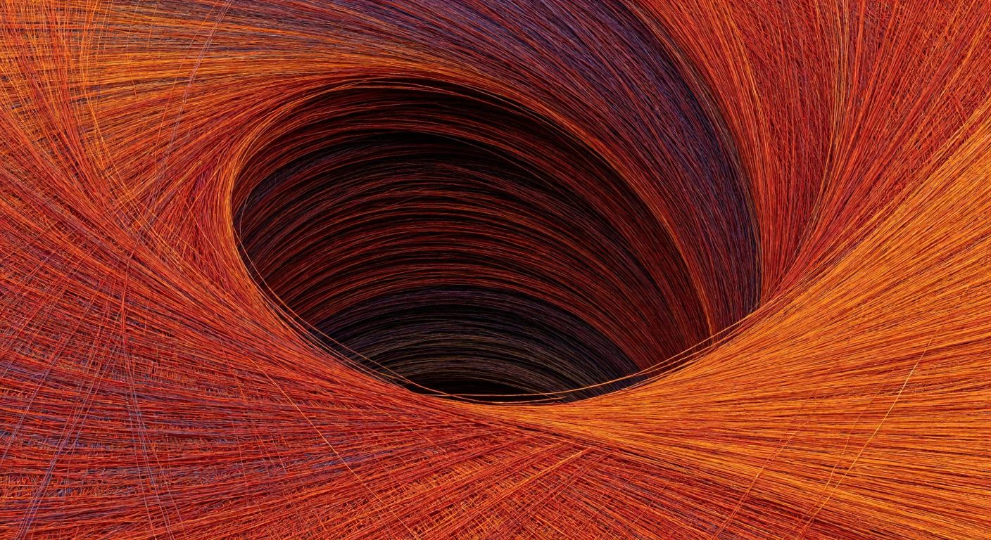 A swirling, abstract vortex of tangled threads in vibrant reds and oranges, evoking unpredictability and complexity, set against a muted Turkish bazaar backdrop.