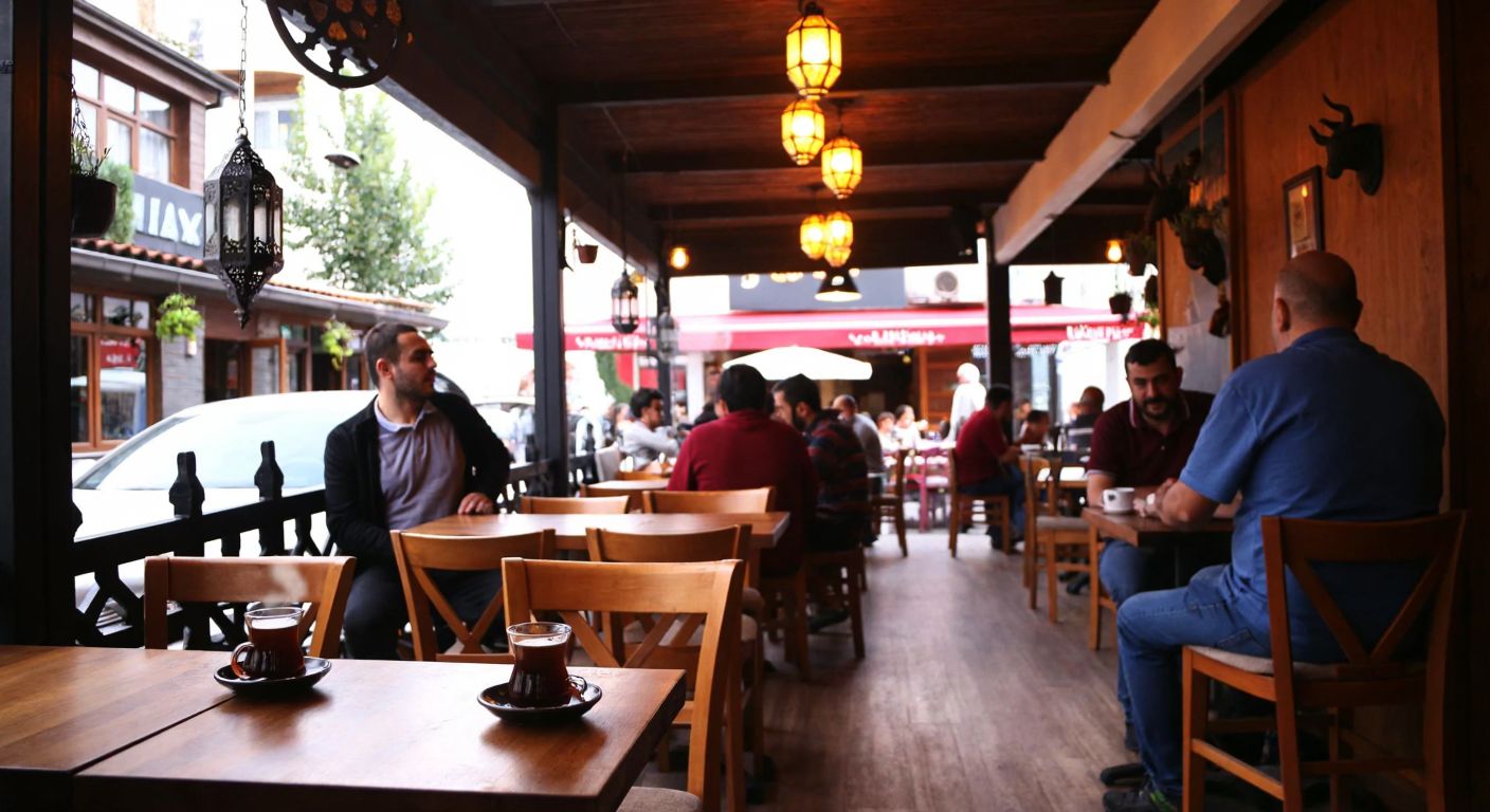 A cozy café in Denizli with warm wooden tables, steaming cups of Turkish coffee, and a bustling atmosphere where locals chat under hanging lanterns.