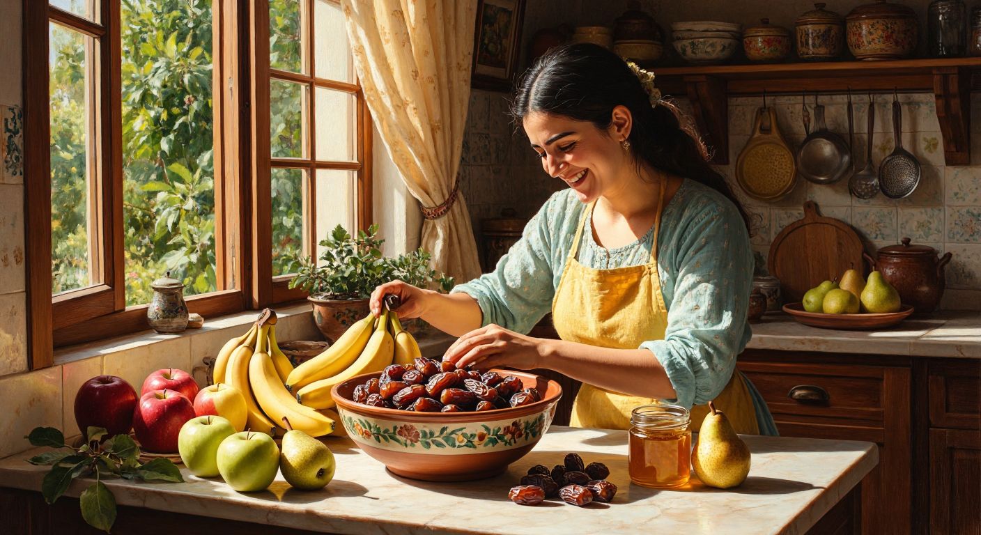 A Turkish mother in a sunlit kitchen smiles while gently mashing ripe bananas and dates in a ceramic bowl, surrounded by fresh apples, pears, and a small jar of golden pekmez.