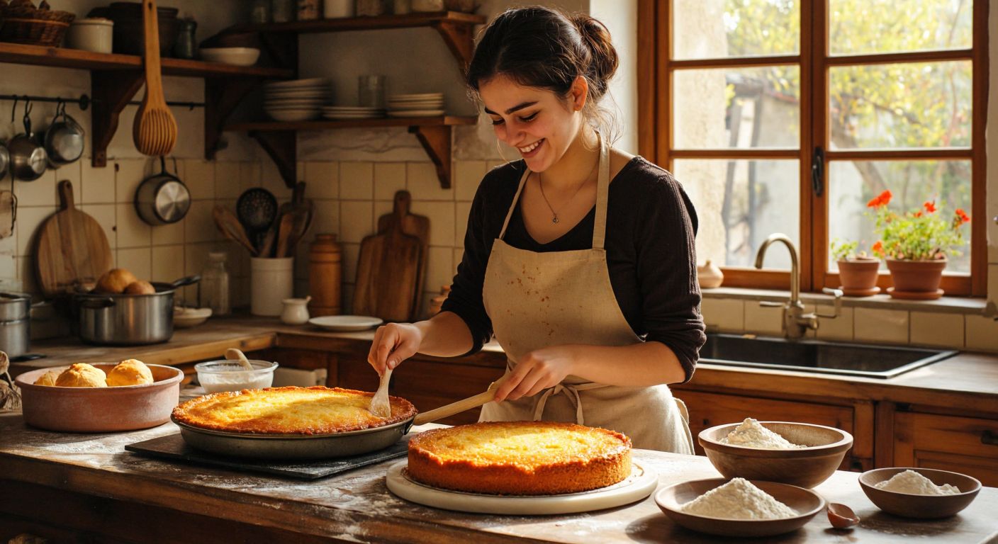 A warm Turkish kitchen with a golden-brown cake cooling on a counter, a small bowl of baking powder beside it, and a smiling woman in an apron carefully measuring ingredients with a wooden spoon.