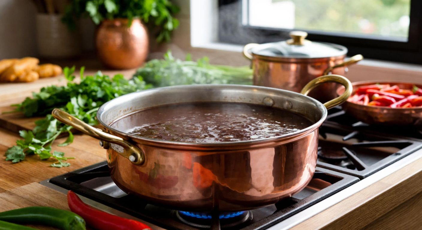 A deep copper pot simmering on a stove with rich, dark demi-glace sauce bubbling slowly, surrounded by fresh herbs and chopped vegetables on a wooden counter in a warm Turkish kitchen.