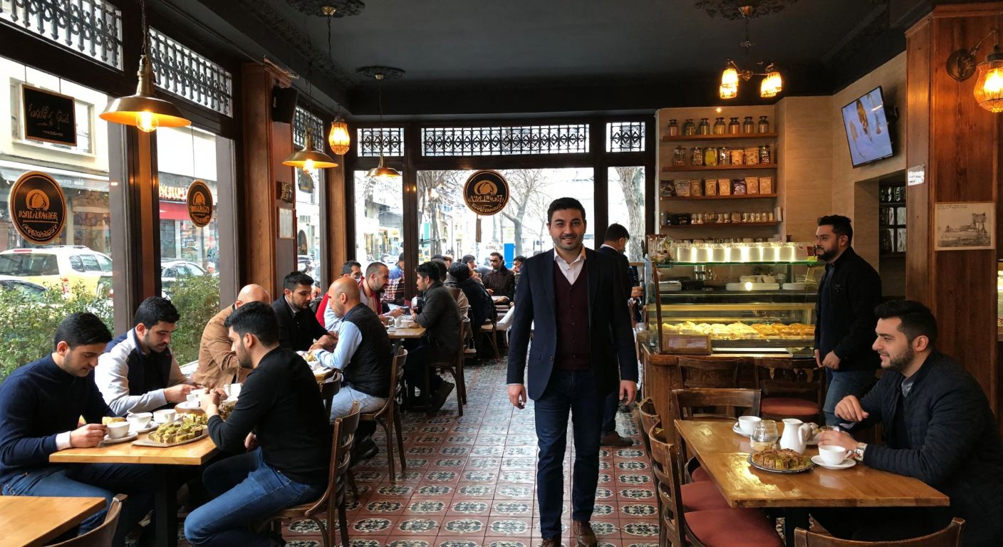 A bustling café in Şişli with a warm, inviting interior, filled with people enjoying Turkish coffee and baklava, while a well-dressed businessman (representing the owner) oversees operations with a friendly smile.