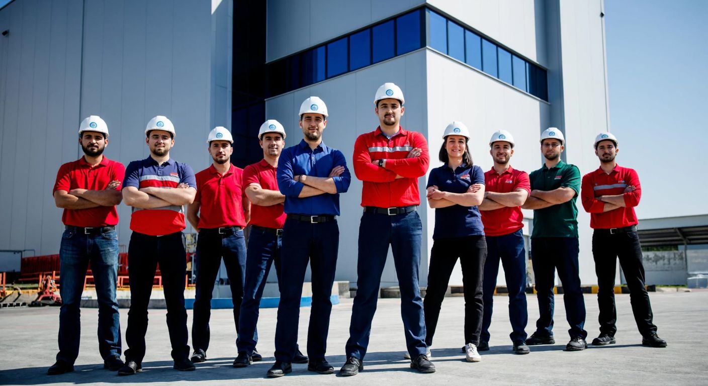 A group of professional Turkish workers in hard hats and uniforms standing confidently in front of a modern industrial building, symbolizing the independent and organized nature of TASİS.