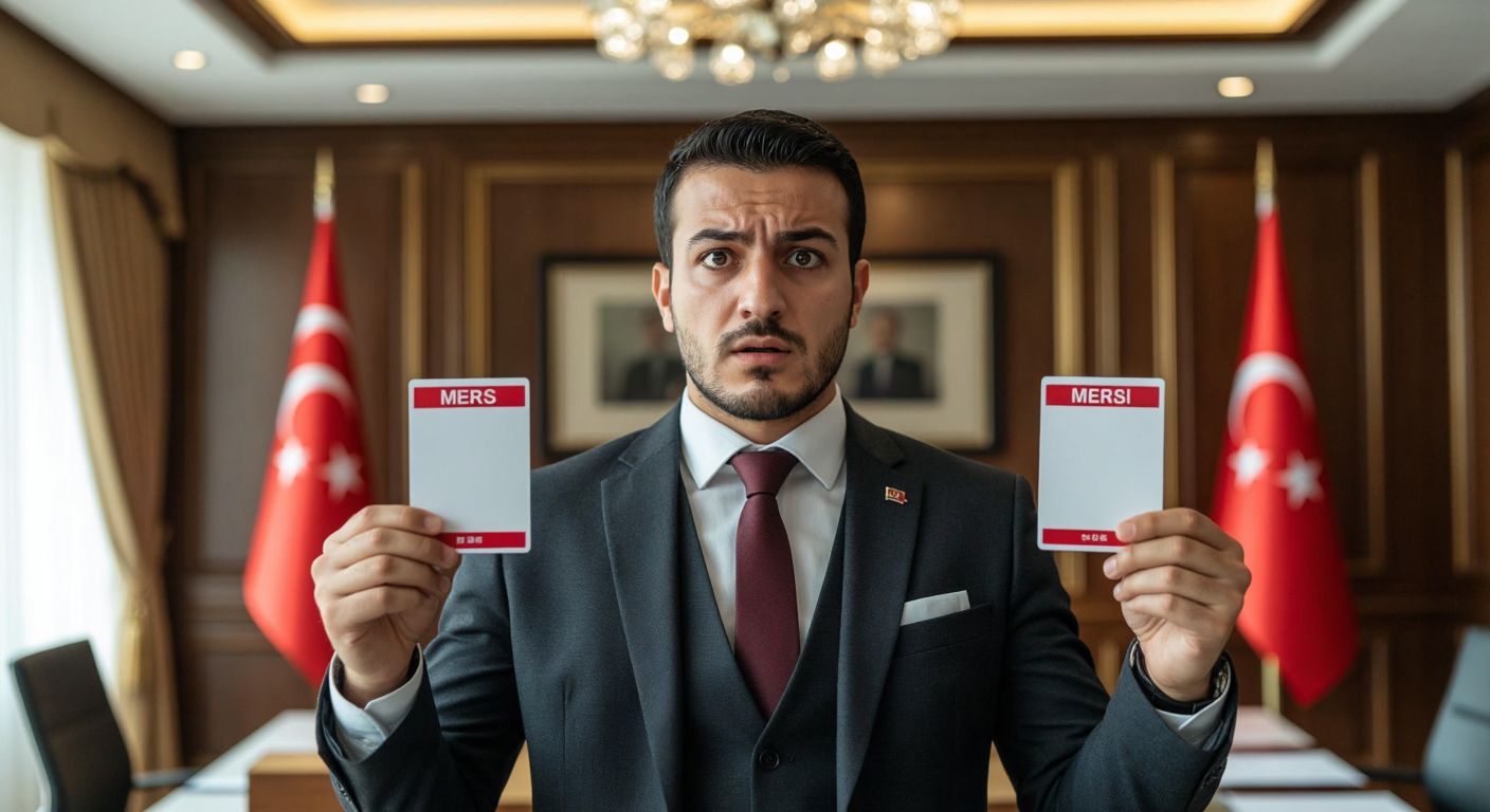 A Turkish businessman in a formal suit stands in a government office, holding two distinct identification cards—one labeled with a 16-digit MERSİS number and the other blank—while looking confused.